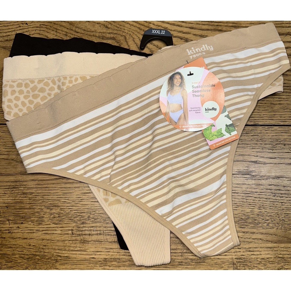Kindly Yours Thong Underwear Seamless 3-Pack Lot Tan New Women's XXXL (22) NWT
